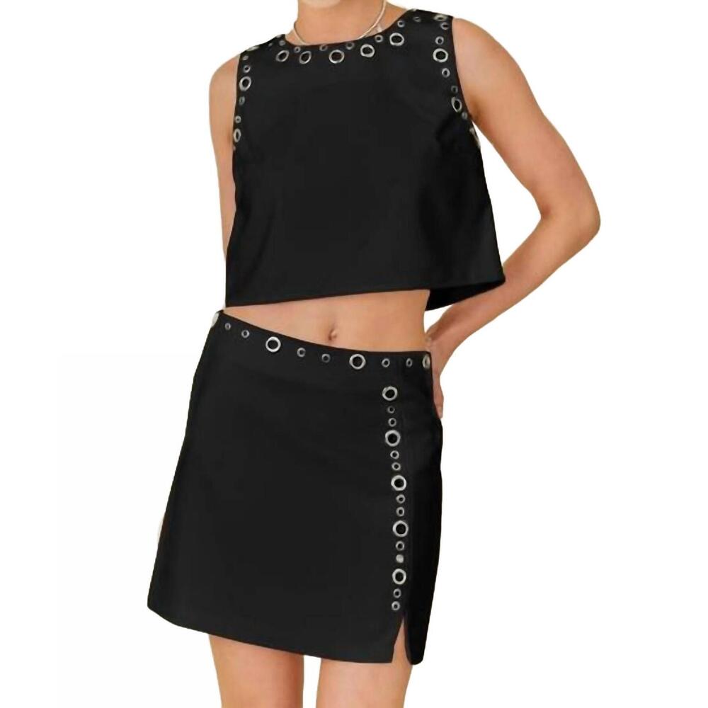NEW MAINSTRIP sabina round neck silver eyelet top in black
